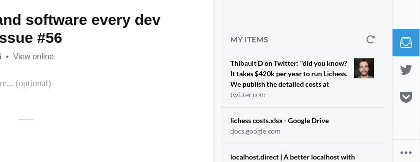 Revue sidebar showing staged links